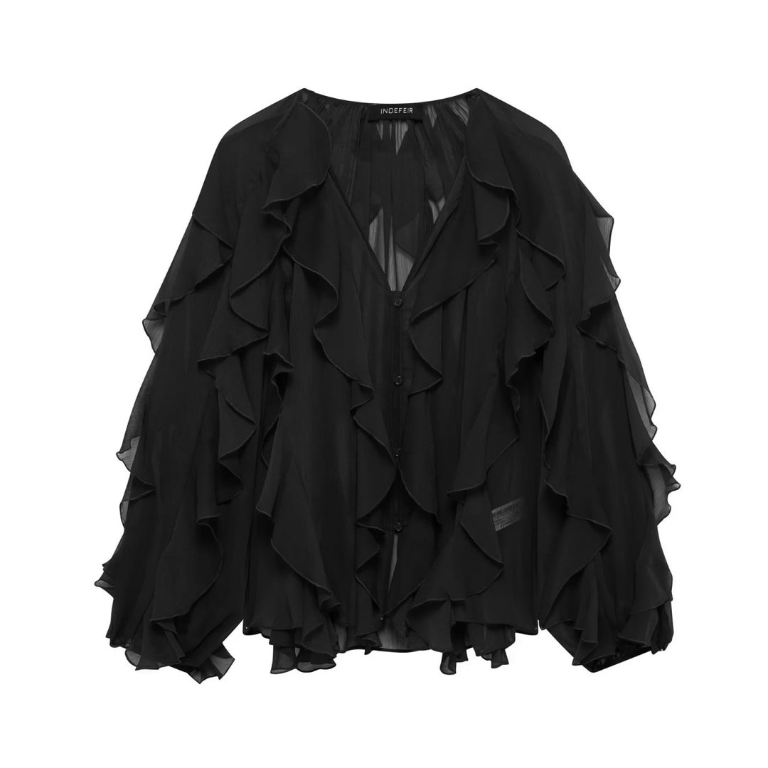 Damen Voluminöse Chiffon-Bluse mit Lagenvolants und Knopfleiste Nord Taschen