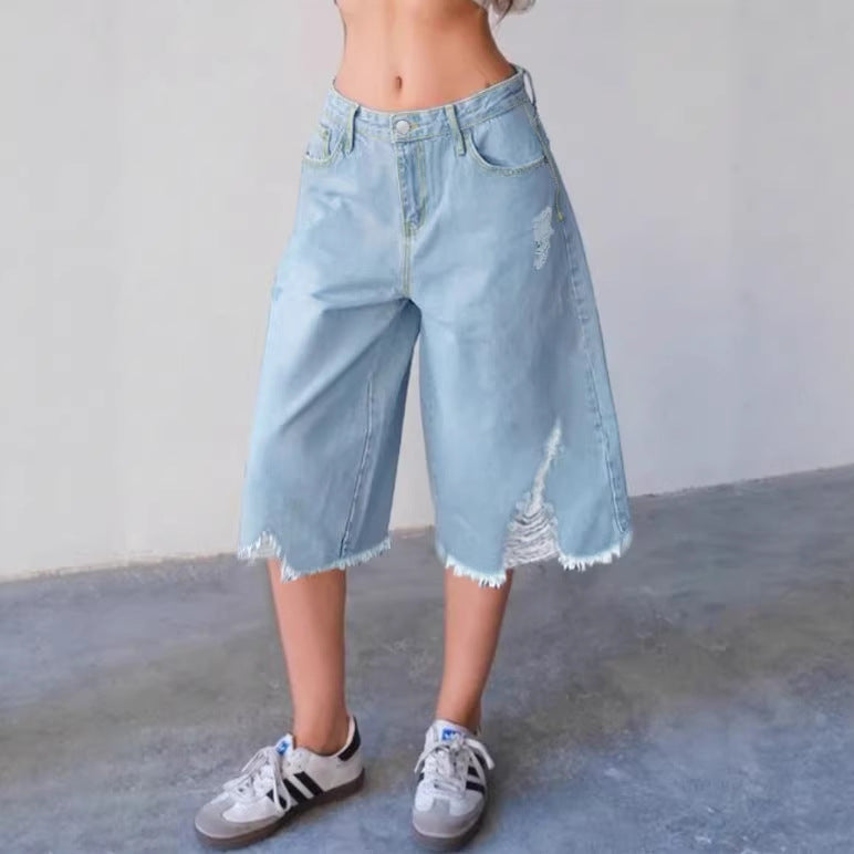 Damen Weite Denim-Culotte mit hohem Bund, Distressed-Details und rohem Saum Nord Taschen
