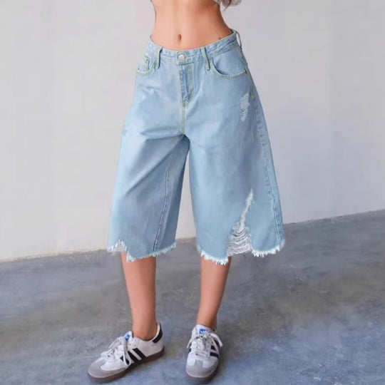 Damen Weite Denim-Culotte mit hohem Bund, Distressed-Details und rohem Saum Nord Taschen