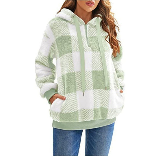 Damen Oversized Sherpa-Hoodie im Karomuster mit halbem Reißverschluss und Kängurutasche Nord Taschen