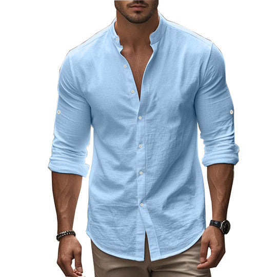 Herren Langarm-Hemd mit modernem Henley-Kragen und kontrastierenden Knopfdetails