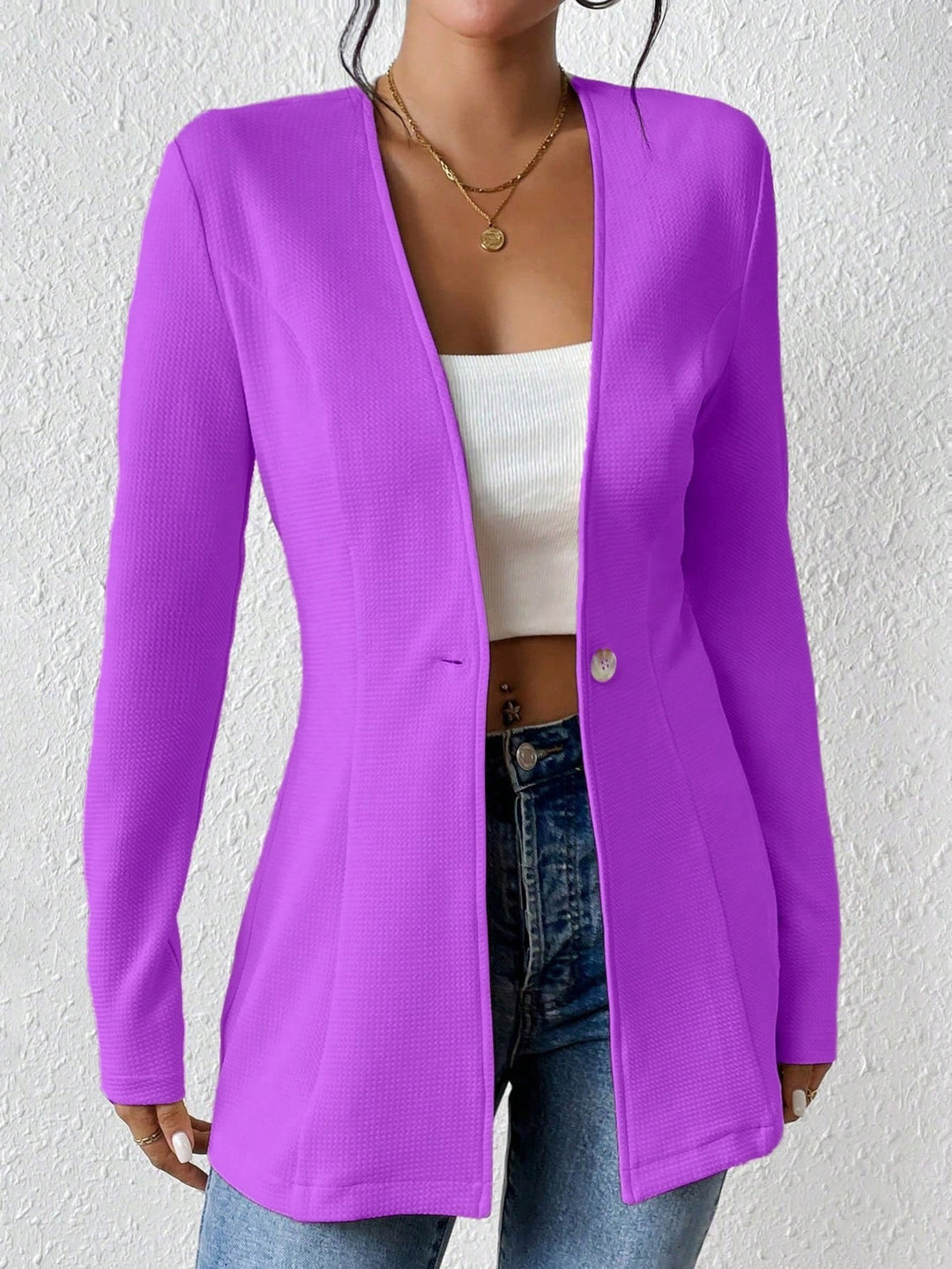 Damen Taillierter Longblazer mit V-Ausschnitt und Ein-Knopf-Verschluss Nord Taschen