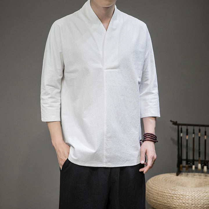 Herren modern geschnittene Kimono-Hemdjacke mit V-Kragen und 3/4-Ärmeln Nord Taschen