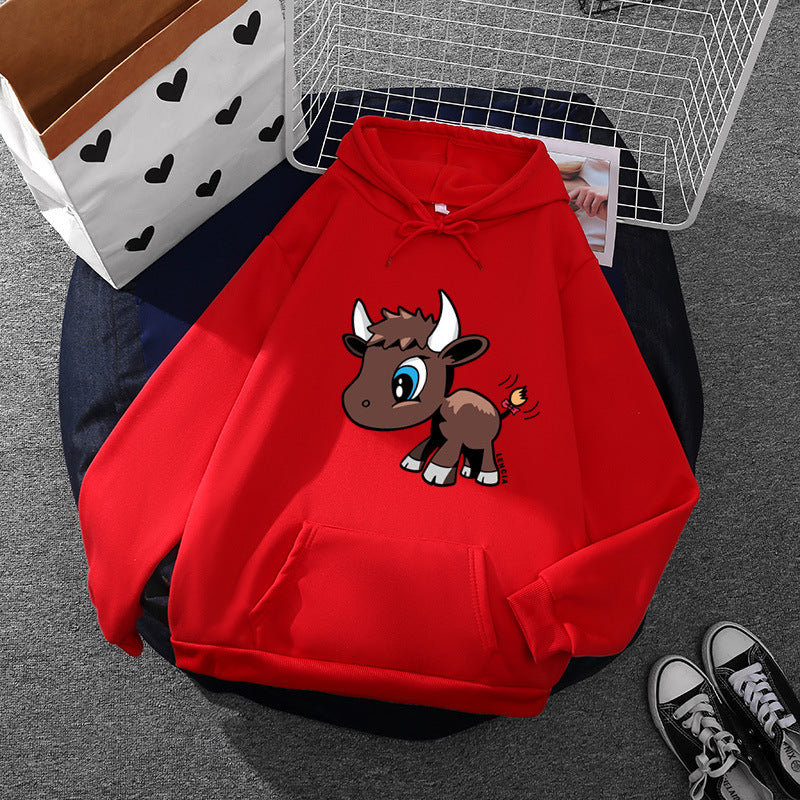 Damen nan Kapuzenpullover mit charmantem Stier-Karikaturprint, Kängurutasche und entspanntem Oversize-Schnitt Nord Taschen