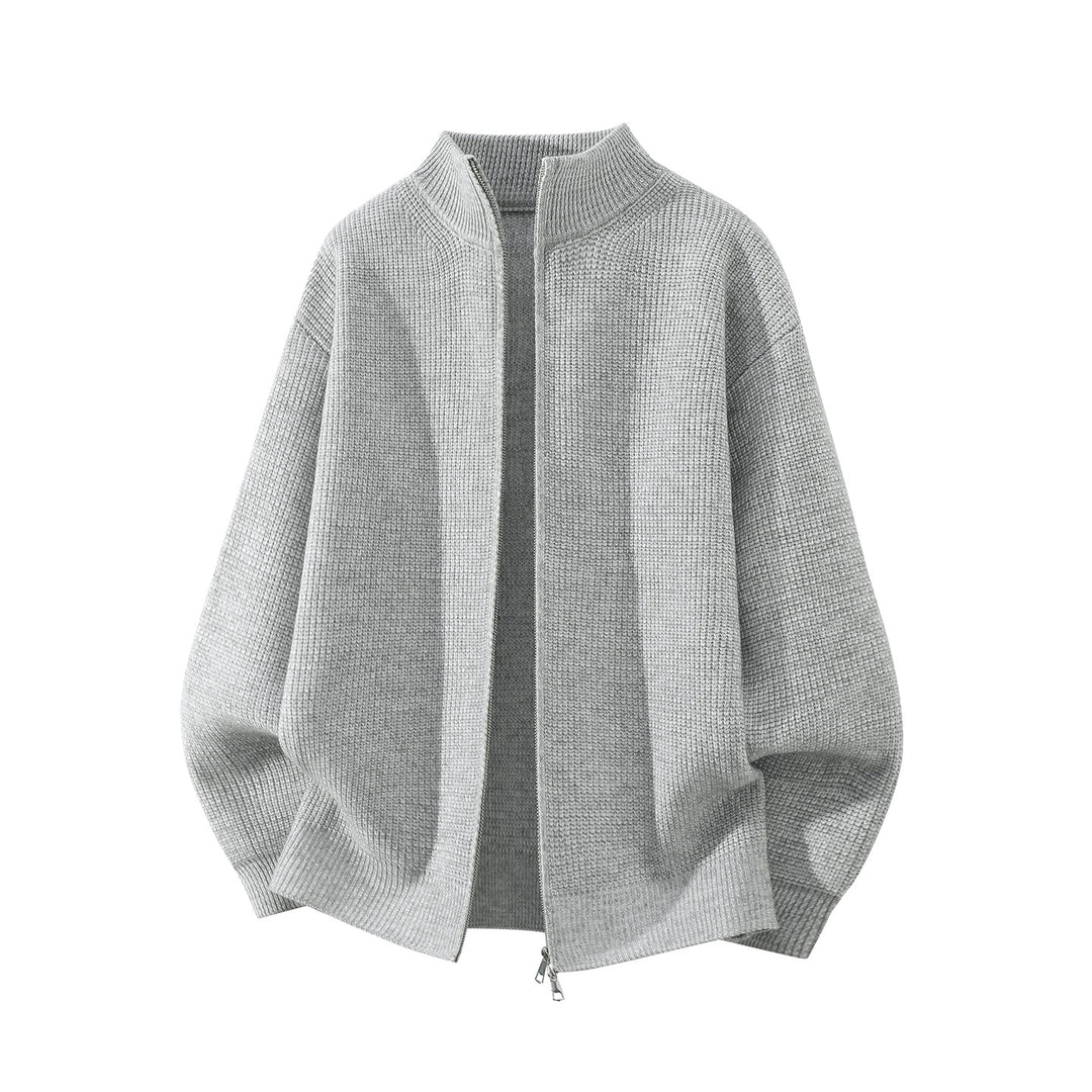 Herren Oversize Grobstrick-Zipcardigan mit Stehkragen und Zwei-Wege-Reißverschluss Nord Taschen