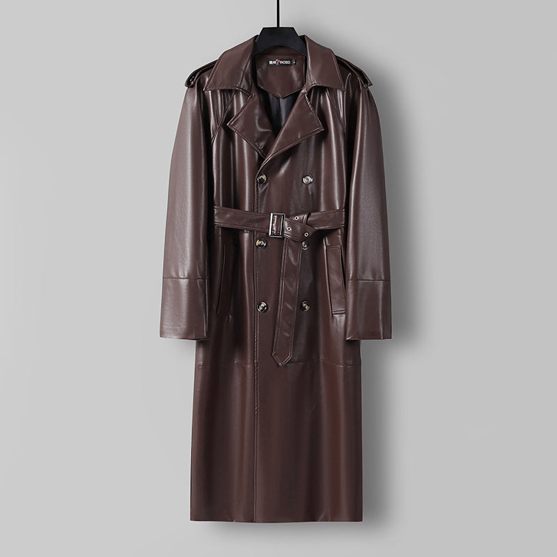 Herren Langer Kunstleder-Trenchcoat mit Doppelreiher, Taillengürtel und Schulterklappen Nord Taschen