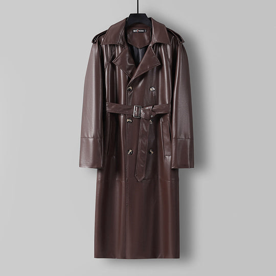 Herren Langer Kunstleder-Trenchcoat mit Doppelreiher, Taillengürtel und Schulterklappen Nord Taschen