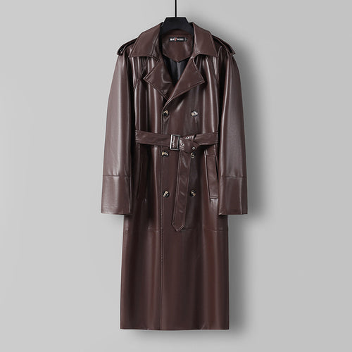 Herren Langer Kunstleder-Trenchcoat mit Doppelreiher, Taillengürtel und Schulterklappen Nord Taschen
