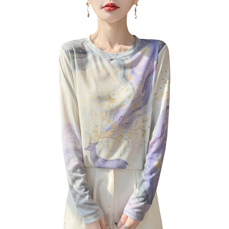 Damen Leichtes Langarmshirt aus Viskose-Mix mit Aquarellprint und Rundhalsausschnitt Nord Taschen