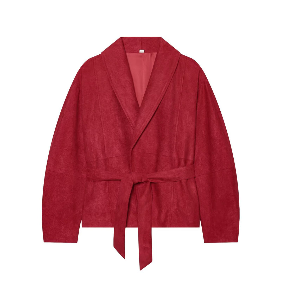 Damen Cropped Jacke im Kimono-Stil aus Veloursoptik mit Schalkragen und Bindegürtel Nord Taschen