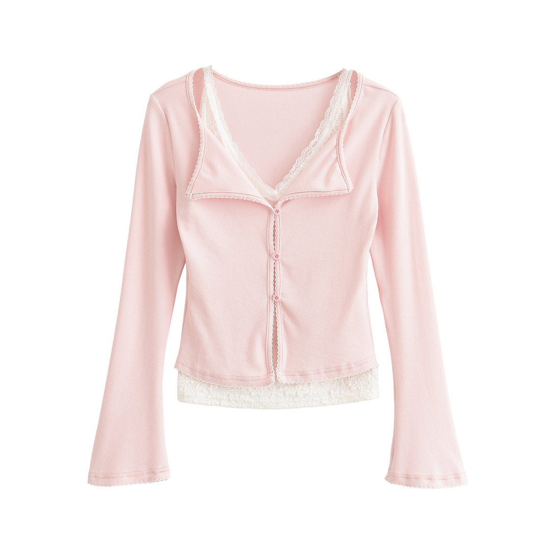 Damen Taillierter Buttoncardigan mit Spitzenbesatz und ausgestellten Ärmeln Nord Taschen