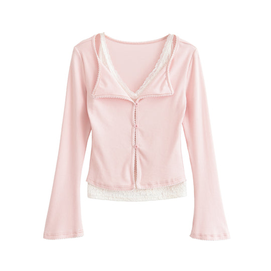 Damen Taillierter Buttoncardigan mit Spitzenbesatz und ausgestellten Ärmeln Nord Taschen