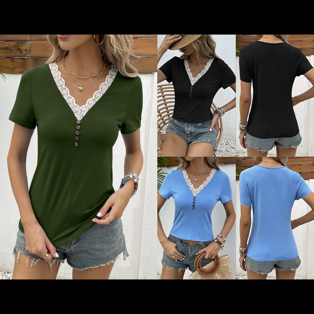 Damen V-Ausschnitt T-Shirt mit Spitzenbesatz und Holzknopfdetail