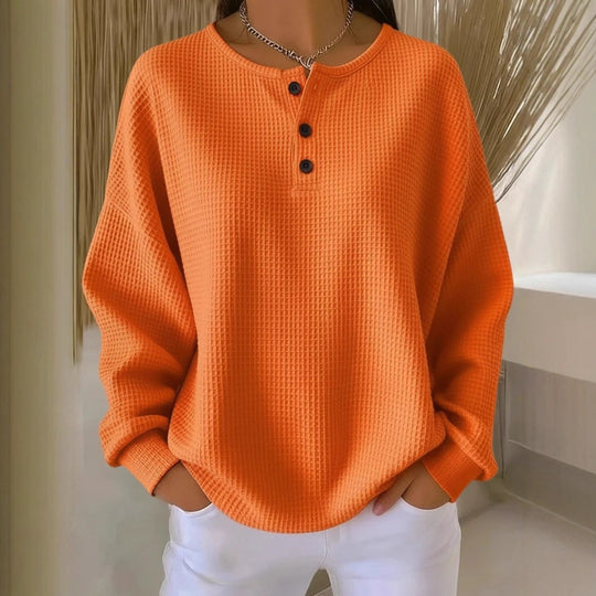 Damen Oversize Waffelstrick-Henleyshirt mit Knopfleiste und Rundhalsausschnitt Nord Taschen