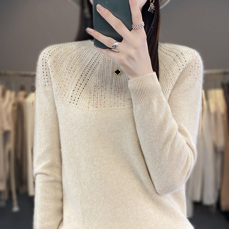 Damen Weicher Kaschmir‑Optik Feinstrickpullover mit Ajour‑Yoke und Paillettenbesatz Nord Taschen