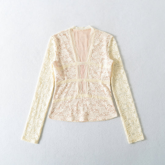 Damen Transparente Spitzenbluse mit V-Ausschnitt, taillierten Einsätzen und langen Ärmeln Nord Taschen
