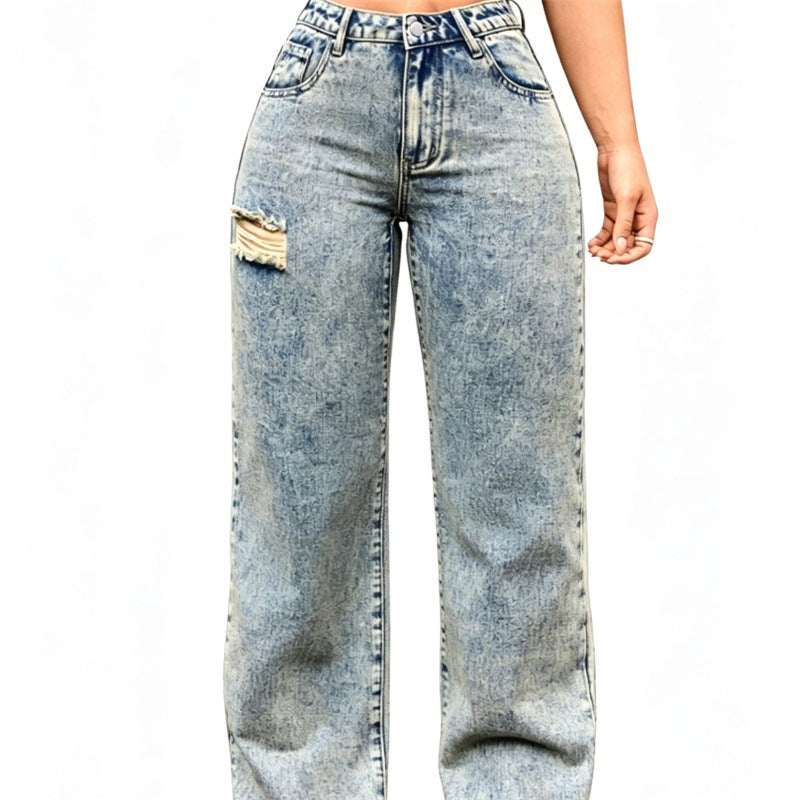 Damen High-Waist Relaxed-Jeans mit Steinwasch-Effekt und seitlichem aufgerissenem Einsatz Nord Taschen