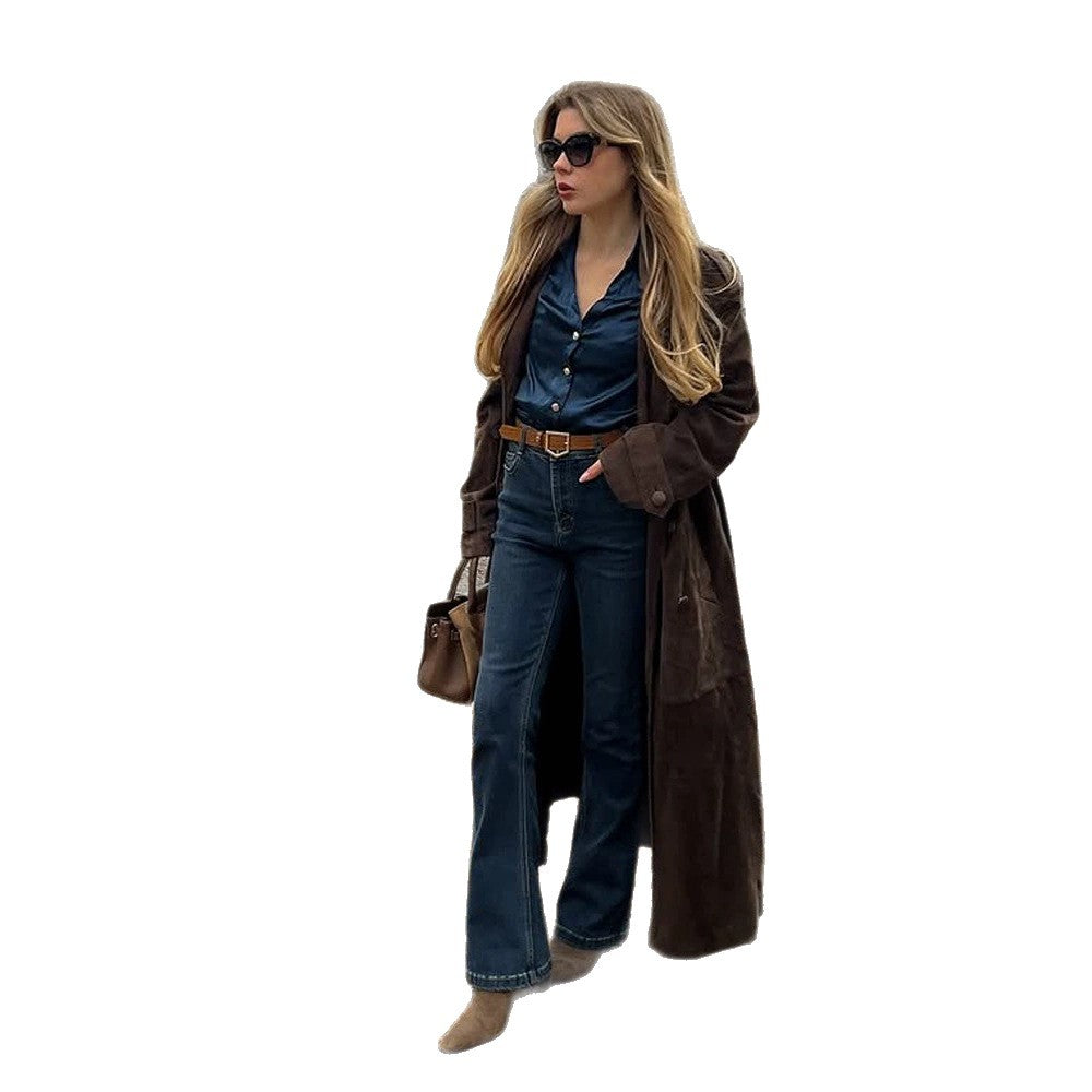 Damen Langschnitt Wildleder-Trenchcoat mit Oversize-Kragen und Bindegürtel Nord Taschen