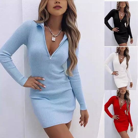 Damen Enganliegendes Ripp-Kleid mit Reißverschluss Nord Taschen