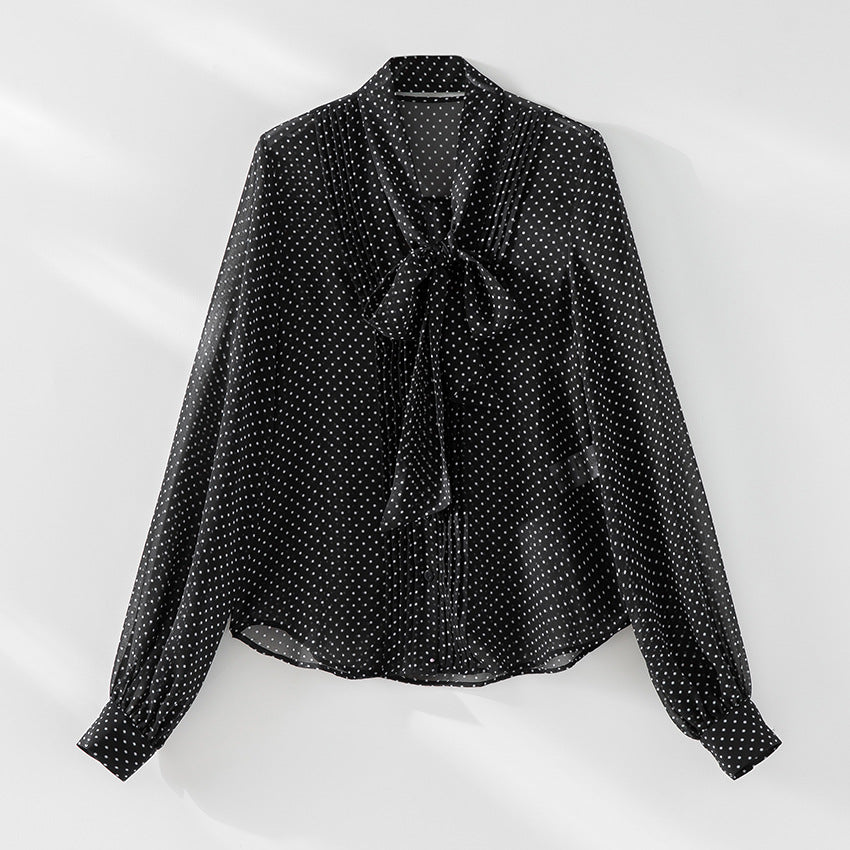 Damen Luftige Polka‑Dot Schlaufenbluse mit Schleifenkragen, Plissée‑Vorderteil und Manschettenärmel Nord Taschen
