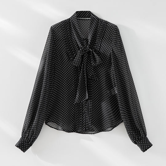 Damen Luftige Polka‑Dot Schlaufenbluse mit Schleifenkragen, Plissée‑Vorderteil und Manschettenärmel Nord Taschen