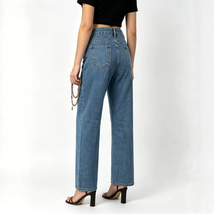 Damen hochgeschnittene Straight-Leg-Jeans mit geradem Bein und dezenter Vintage-Waschung Nord Taschen