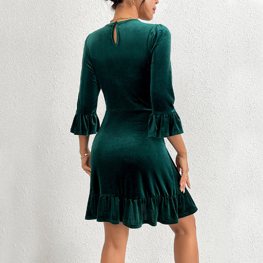 Damen Samt-Minikleid mit taillierter Korsagenlinie, gerafften Volantärmeln und stufigem Saum Nord Taschen
