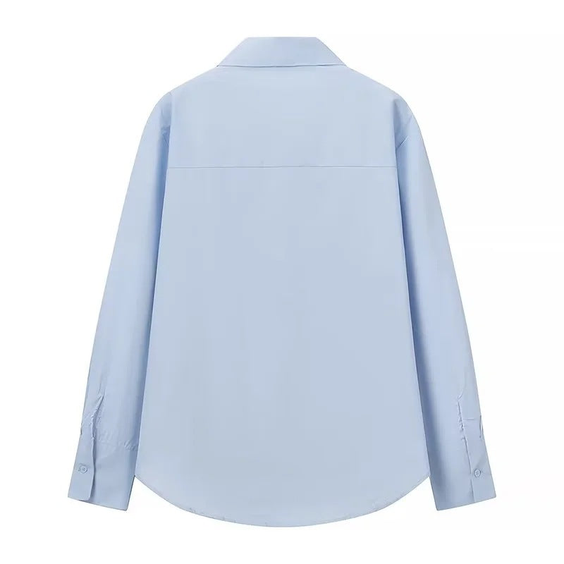 Damen Locker geschnittene Popeline-Bluse mit Rüschenblende und Hemdkragen Nord Taschen