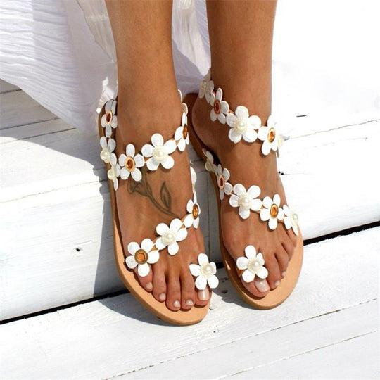 Damen Glamouröse und elegante Zehentrenner-Sandalen mit Perlenschmuck