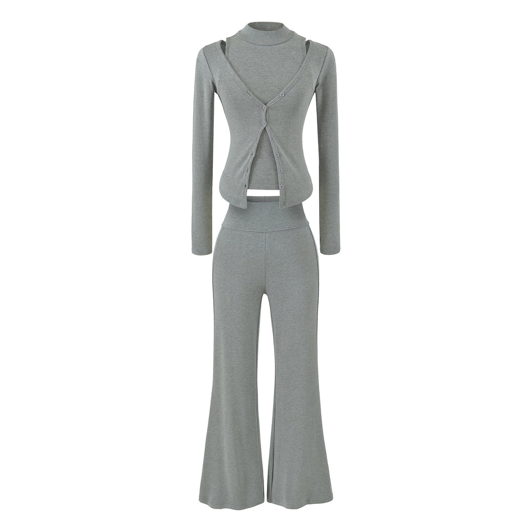 Damen Figurbetontes Layering-Set mit Rollkragen-Longsleeve und asymmetrischer Knopfjacke und ausgestellter High-Waist Hose Nord Taschen