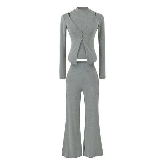 Damen Figurbetontes Layering-Set mit Rollkragen-Longsleeve und asymmetrischer Knopfjacke und ausgestellter High-Waist Hose Nord Taschen