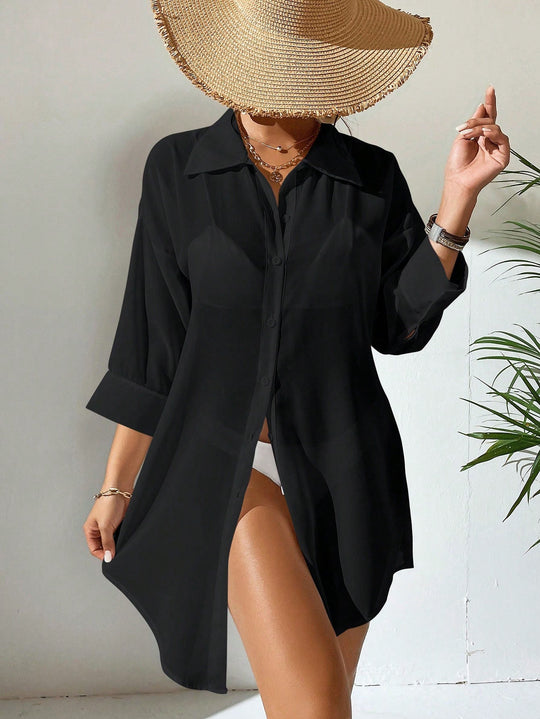 Damen lässige Strandbluse aus transparentem Stoff mit Knopfverschluss