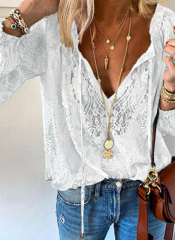 Damen Elegante und feminine Bluse mit V-Ausschnitt und Spitzenakzenten