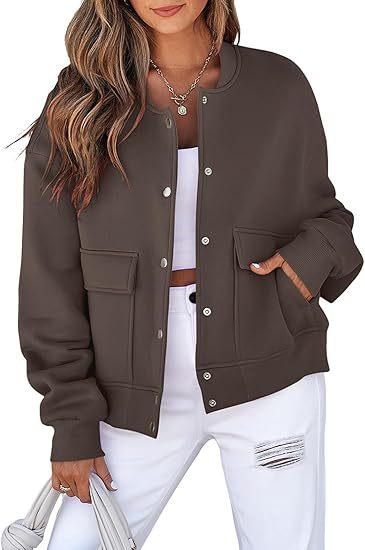 Damen lässige Oversize-Bomberjacke aus Sweatstoff mit Druckknopfleiste und aufgesetzten Taschen Nord Taschen