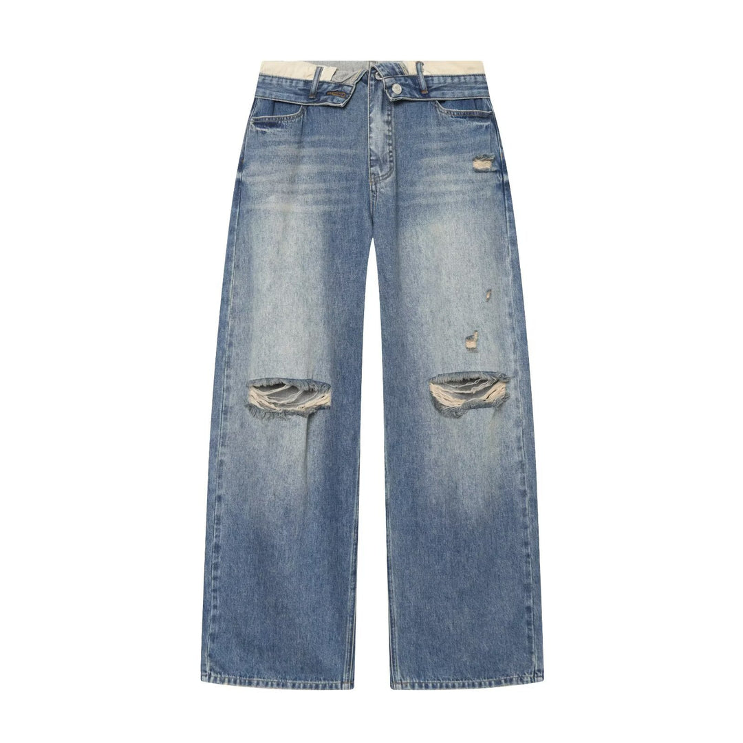 Damen Weite Ripped Denim‑Jeans mit Knie‑Löchern und hoher Leibhöhe Nord Taschen