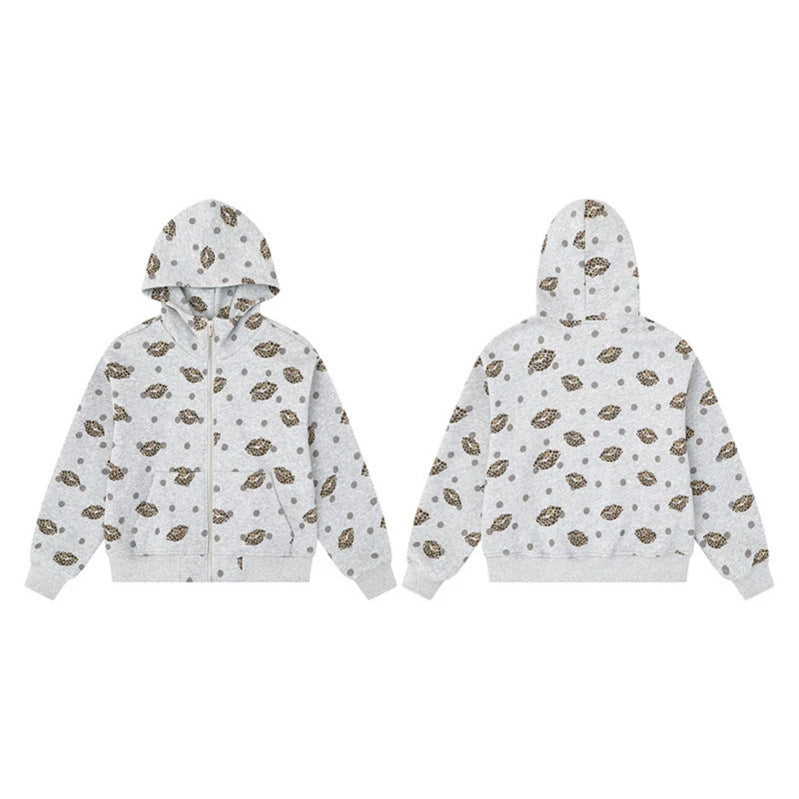 Damen Reißverschluss-Hoodie im Casual-Look mit Lippen‑Motiv und Punktmuster Nord Taschen