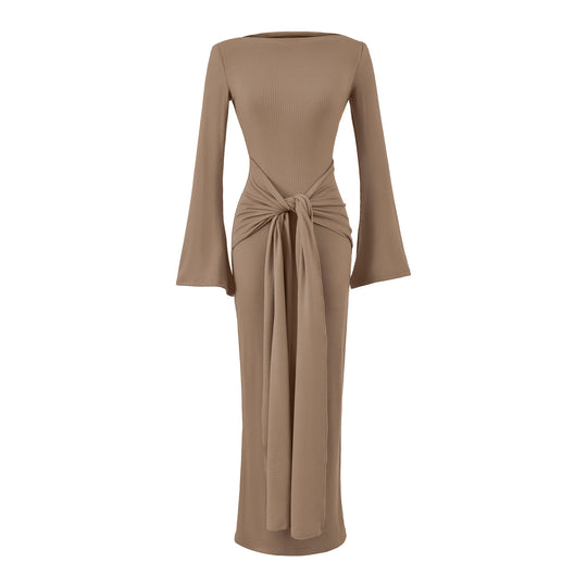 Damen Maxikleid aus Rippstrick mit Trompetenärmeln und Taillen-Knotendetail Nord Taschen