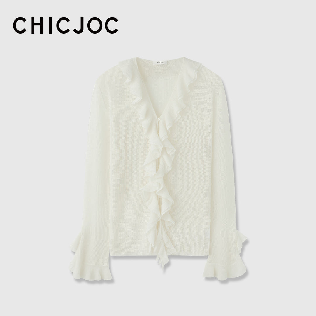 Damen Rüschen-Strickcardigan mit V-Ausschnitt und Volantärmeln Nord Taschen