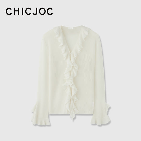 Damen Rüschen-Strickcardigan mit V-Ausschnitt und Volantärmeln Nord Taschen