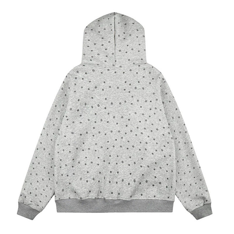 Damen Gepunktete Kapuzen-Sweatjacke mit Kunstfellbesatz, durchgehendem Reißverschluss und Kängurutaschen Nord Taschen