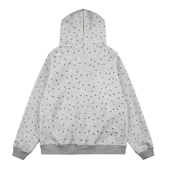 Damen Gepunktete Kapuzen-Sweatjacke mit Kunstfellbesatz, durchgehendem Reißverschluss und Kängurutaschen Nord Taschen