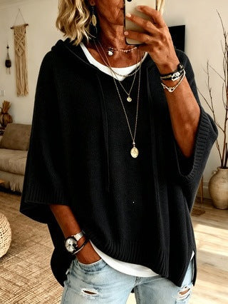 Damen Oversize Strick-Poncho mit Kapuze, Fledermausärmeln und Seitenschlitzen Nord Taschen