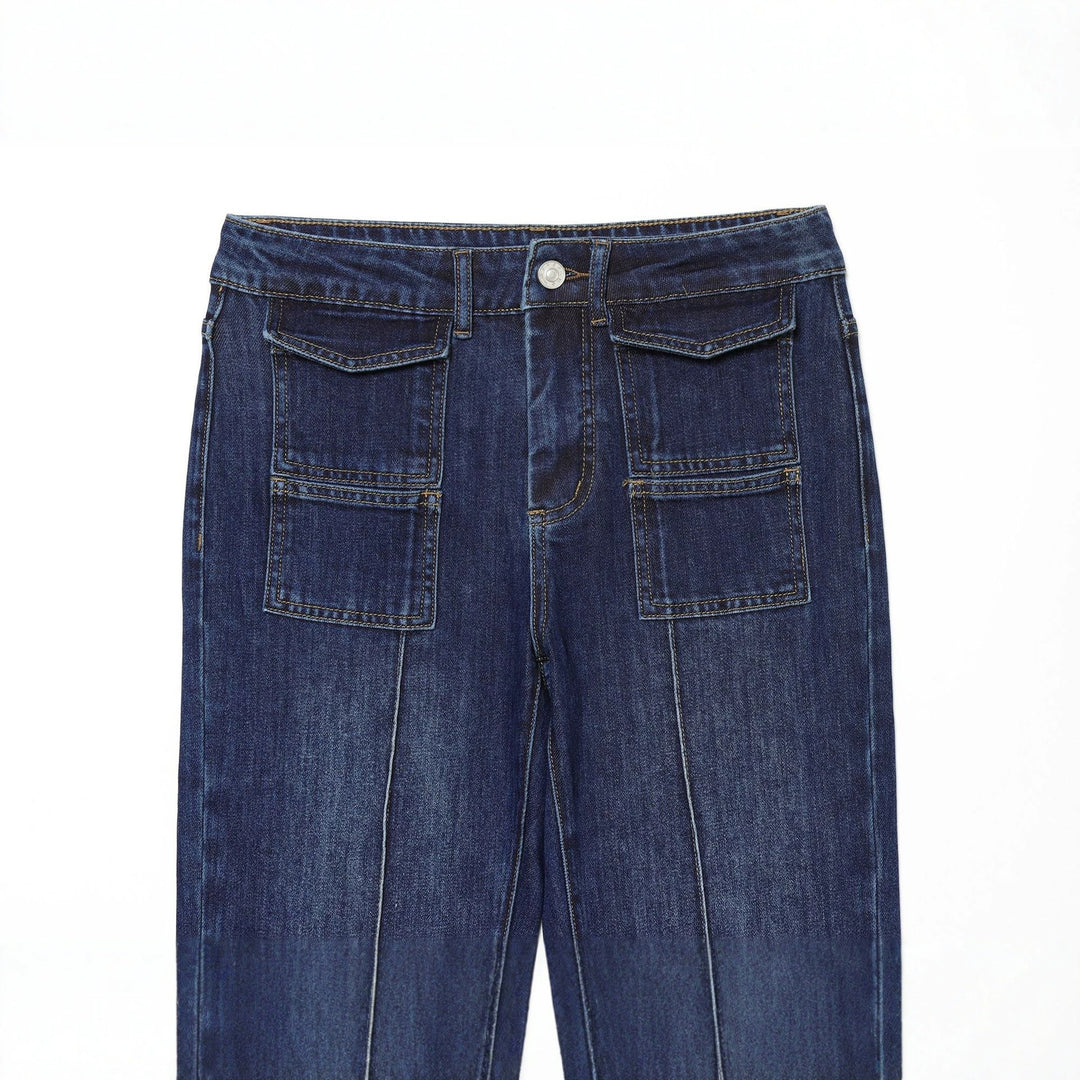 Damen weite Highwaist-Jeanshose mit aufgesetzten Taschen und Bügelfalte Nord Taschen