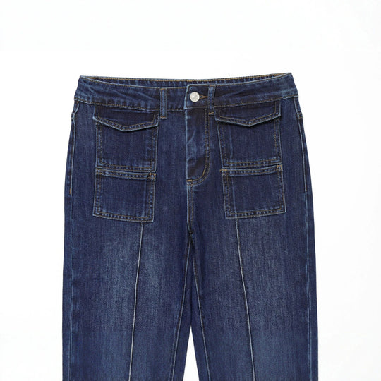 Damen weite Highwaist-Jeanshose mit aufgesetzten Taschen und Bügelfalte Nord Taschen