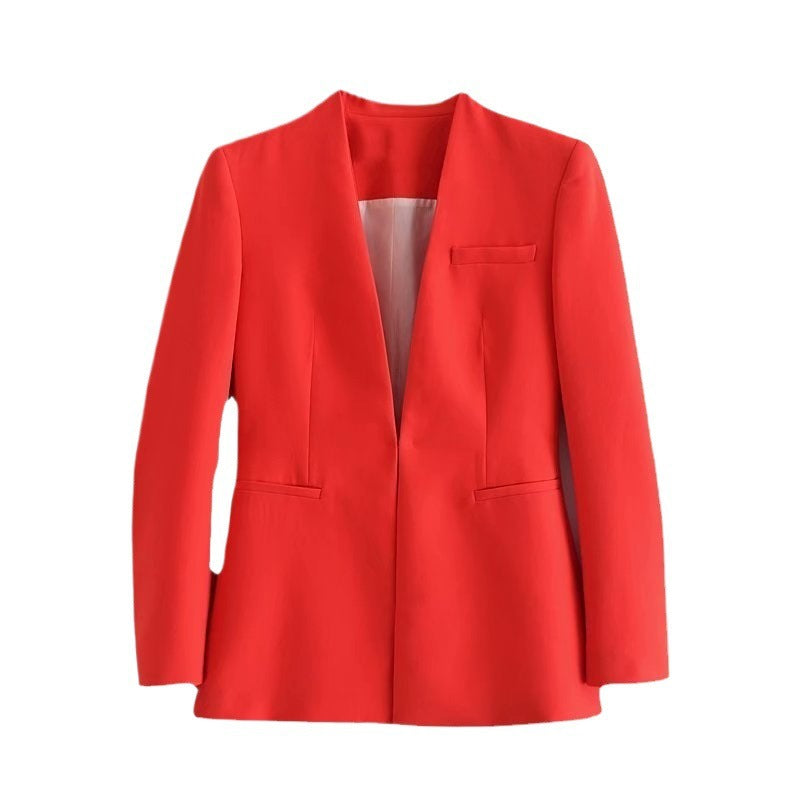 Damen Taillierter Blazer ohne Revers mit offener Front und Paspeltaschen Nord Taschen