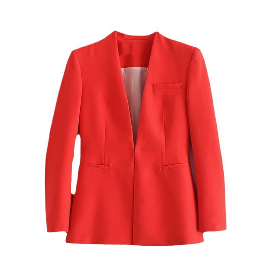Damen Taillierter Blazer ohne Revers mit offener Front und Paspeltaschen Nord Taschen