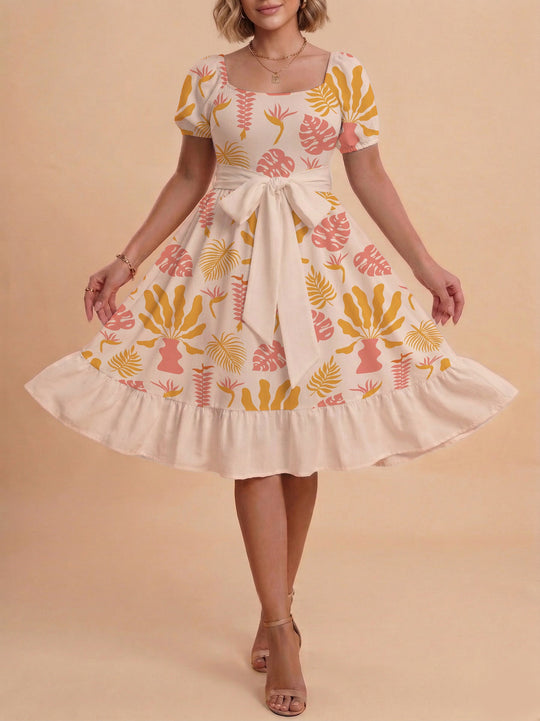 Damen Sommerliches Blumenkleid mit taillierbarem Gürtel und voluminösen Ärmeln