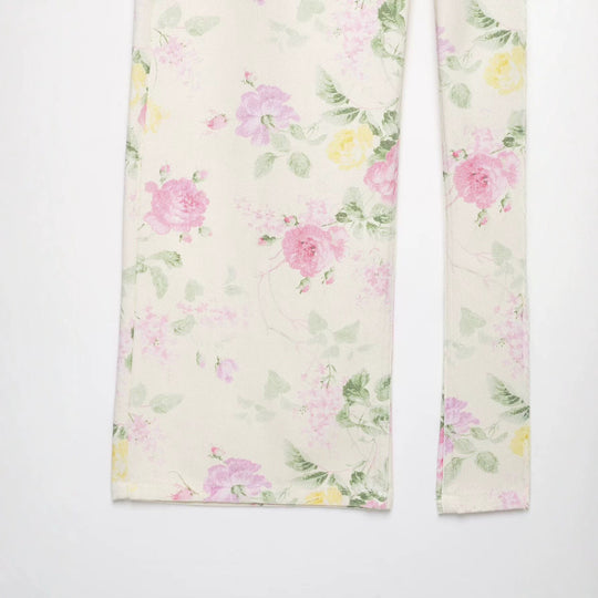 Damen Hochtaillierte weite Jeanshose mit zartem Blumenmuster und Fünftaschen-Schnitt Nord Taschen