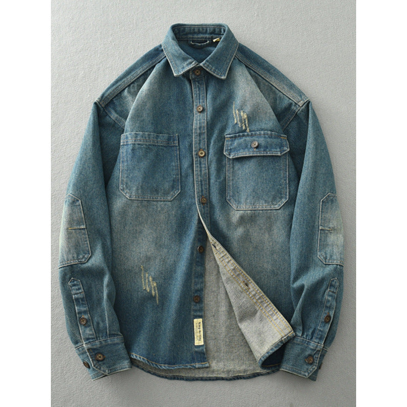Herren Denim-Hemdjacke im Used-Look mit aufgesetzten Brusttaschen und Knopfleiste Nord Taschen