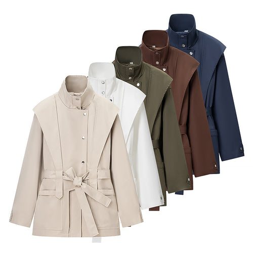 Damen Taillierte Übergangsjacke mit Stehkragen, Schultercape und Bindegürtel Nord Taschen